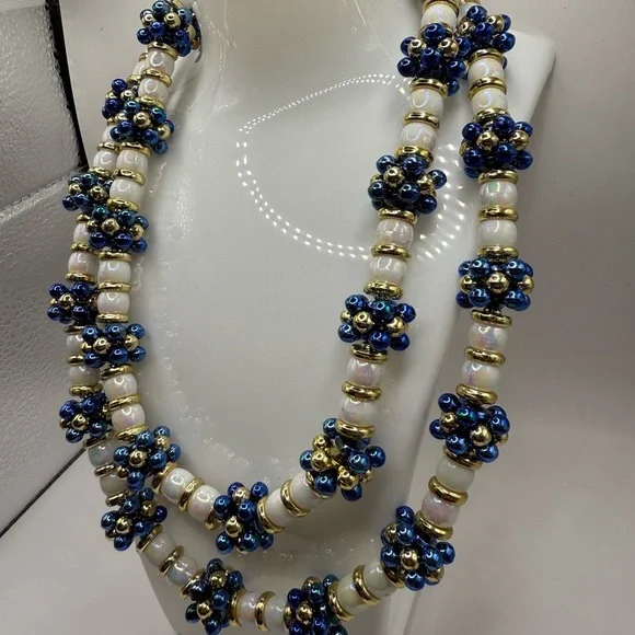 Beaded White Blue Gold Necklace Approximately 20 plus inches long Beautiful Look - Picture 3 of 6